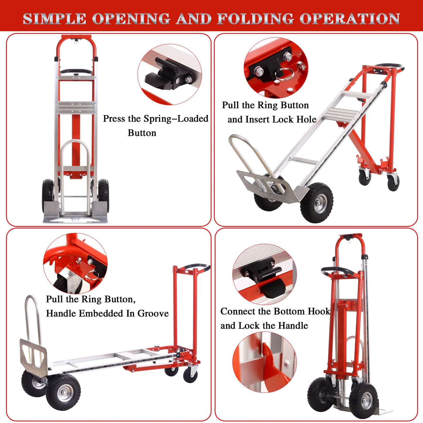 3-in-1 Industrial Aluminum Dolly Hand Truck,Convertible Hand Truck Dolly,1000 Lbs Capacity Hand Trucks Heavy Duty with PU Solid Wheels and Cargo Straps for Moving and Transport (red)
