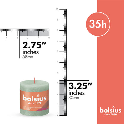 BOLSIUS 4 Pack Sage Green Rustic Pillar Candles - 2.75 X 3.25 inches - Premium European Quality - Includes Natural Plant-Based Wax - Unscented Dripless Smokeless 35 Hour Party and Wedding Candles