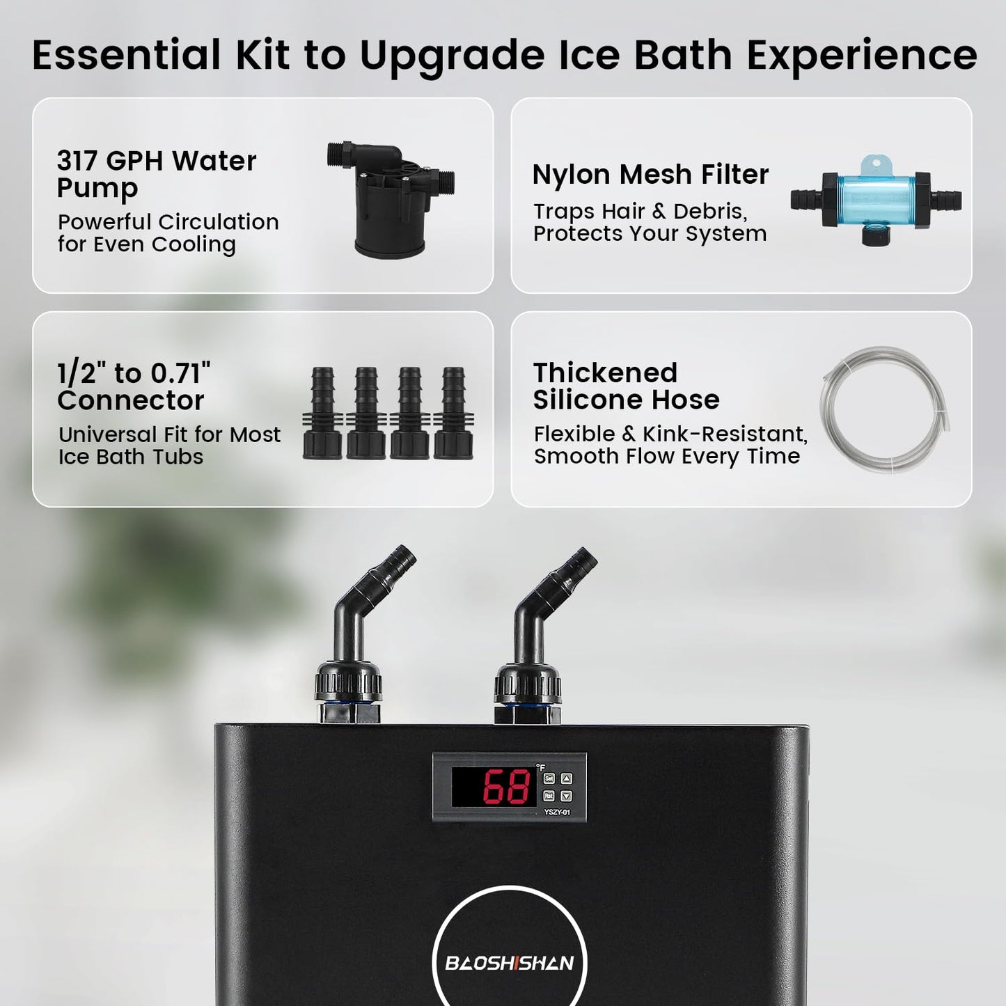 BAOSHISHAN 1/2hp Cold Plunge Chiller, 132gal Water Chiller for Ice Bath with Filter, Hose, Water Pump, Quiet Ice Bath Chiller for Athletes Recovery Cold Therapy Home Use