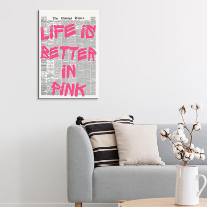 Skiennix Pink Wall Art - Retro Newspaper Canvas Poster with Positive Quote | 16x24in Minimalist Decor