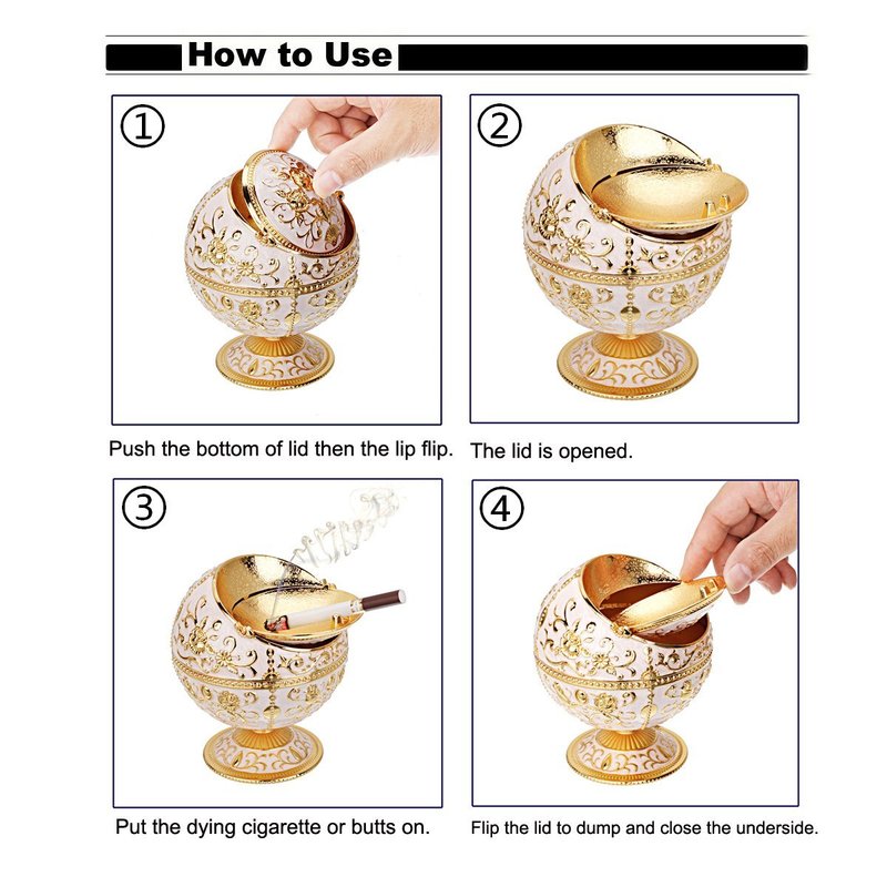 LAUYOO Windproof Ashtray with Lid for Cigarettes Metal Portable Cigar Ashtray Odor Eliminator for Indoor outdoor Hand Stamped Rose Pattern with Sparkle Fancy Gift for Men Women(Jade white-Gold Rose)