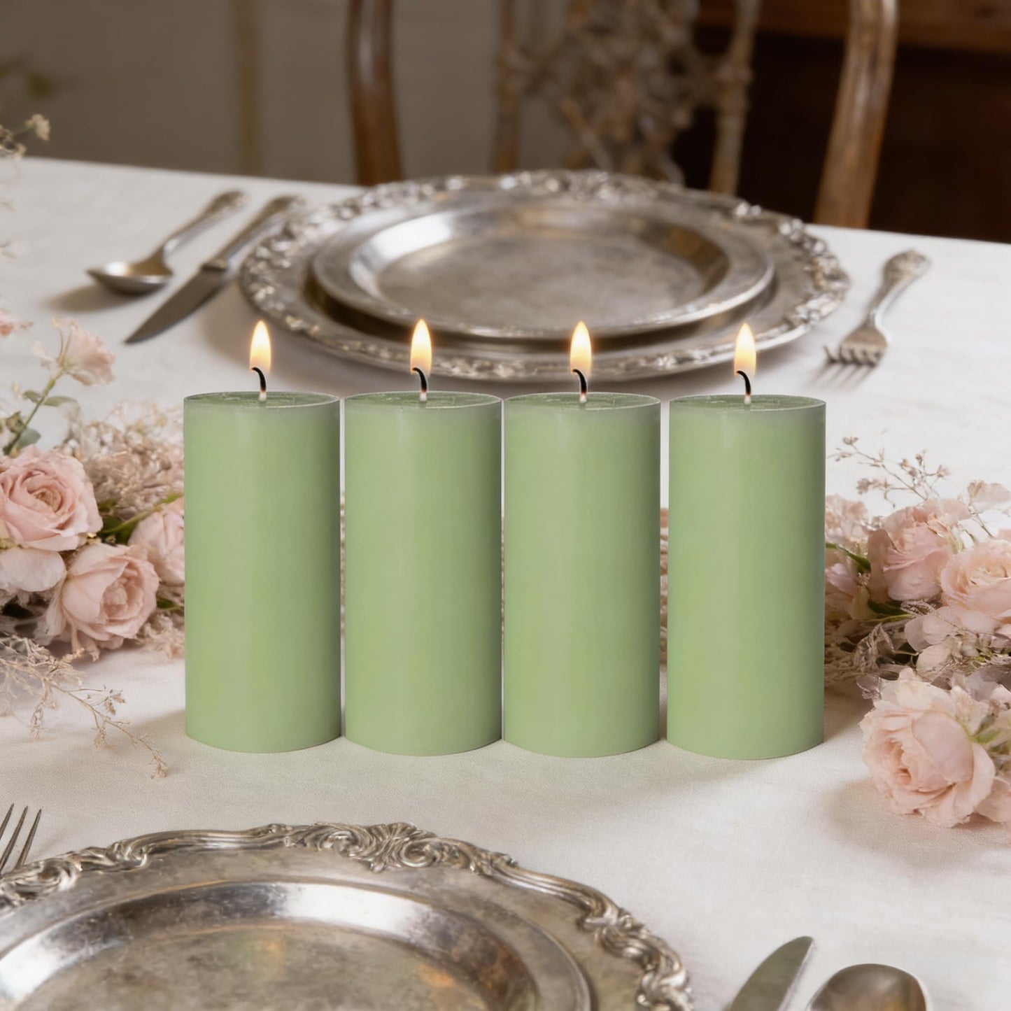 4 Pack Sage-Green Pillar Candles, 2x4 Inch, Long-Lasting, Dripless and Smokeless Unscented Candles, Ideal for Home Décor, Parties Weddings and Relaxation