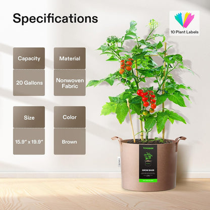 VIVOSUN 20 Gallon Heavy Duty Grow Bags - 5-Pack Thickened Nonwoven Fabric Pots with Strap Handles | Tan