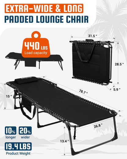 KingCamp Oversized Tanning Chair, Extra-Wide Padded Folding Chase Lounge Chairs Portable Adjustable 5-Position 440lbs Heavy Duty Lounger with Double-Layer Oxford for Outdoor Beach Patio Sun Pool Black