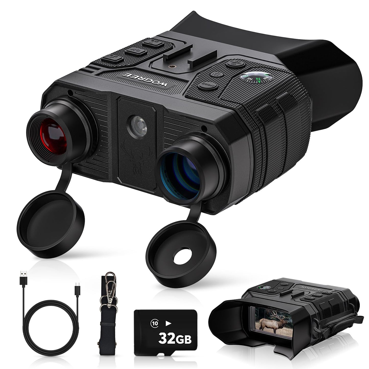 WOGREE Night Vision Goggles, 4K Night Vision Binoculars for Adults, 36MP Photo, 5000mAh Rechargeable Battery, 1300FT Range, 8X Digital Zoom, Infrared Vision, 32GB SD, Flashlight & Compass for Camping