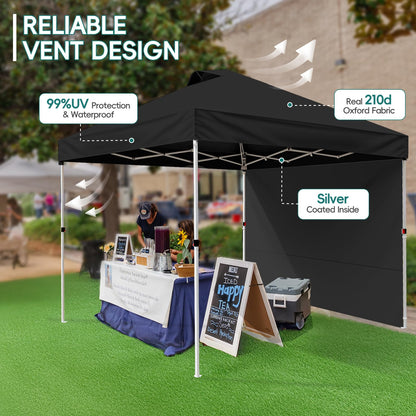 UEAKPIC 10x10 Pop Up Canopy with Sidewall, Instant Portable Outdoor Tent, UPF 50+, Waterproof, Adjustable Black Sun Shelter with Vented Roof for Party, 1 Wheel Bag, 8 Stakes, 4 Ropes, 4 Sandbags