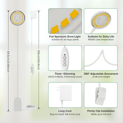 SGLEDs Plant Lights for Indoor Growing, Pot Clip on Grow Lights Full Spectrum, 12W Plant Growing Lamp with 4 Dimmable Levels, 360° Adjustable Grow Plant Lamp， Auto On/Off Timing 4/8/12H, White 3 Pack