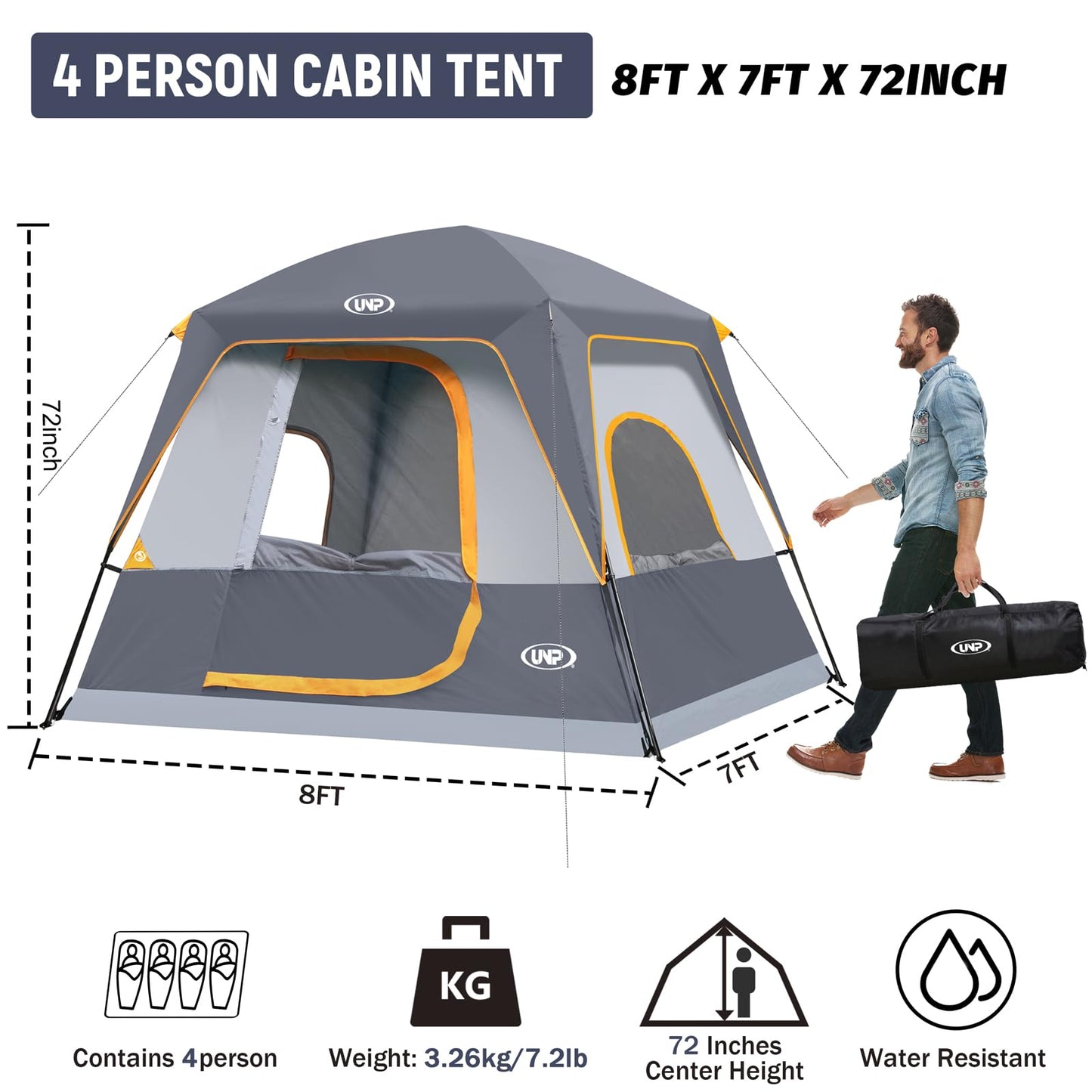 UNP 4-Person Tent, Portable Cabin Tent, Camping Tent 4 Person Easy Set Up, Waterproof with Top Rainfly for Outdoor Camping/Hiking (Gray)