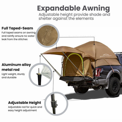 Savvycraft Pickup Truck Tent for Full Size Truck 8.0'-8.2' Long Bed, Waterproof P3000mm 2-Person Double Layer Truck Bed Tent Camping Tent, Expandable Awning, Rainfly, Storage Bag Included Brown