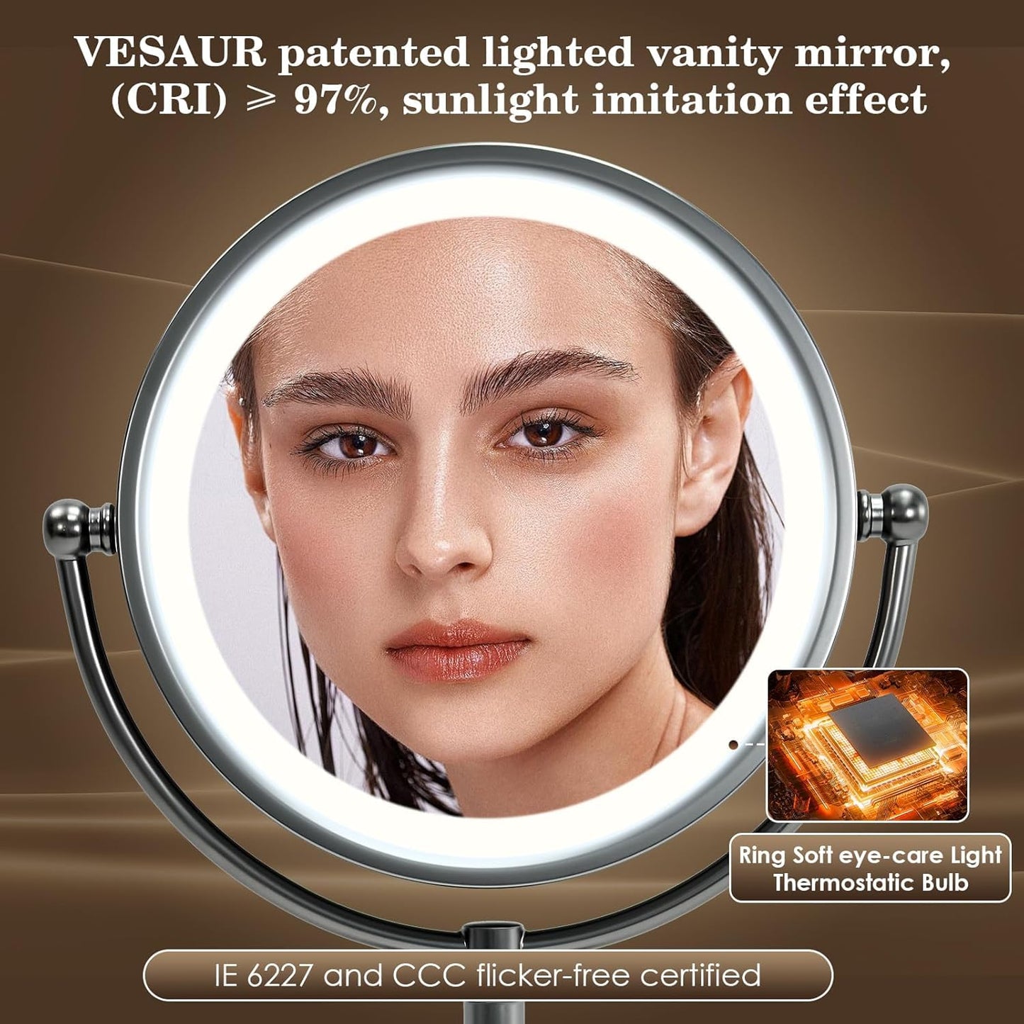 Professional 8.5" Large Lighted Makeup Mirror with Brighter Lights, 1X/10X True HD Magnifying Mirror with 3 Color Dimmable Lights, 90 Shadowless LEDs, 360°Swivel Seamless Vanity Mirror, Pearl Nickel