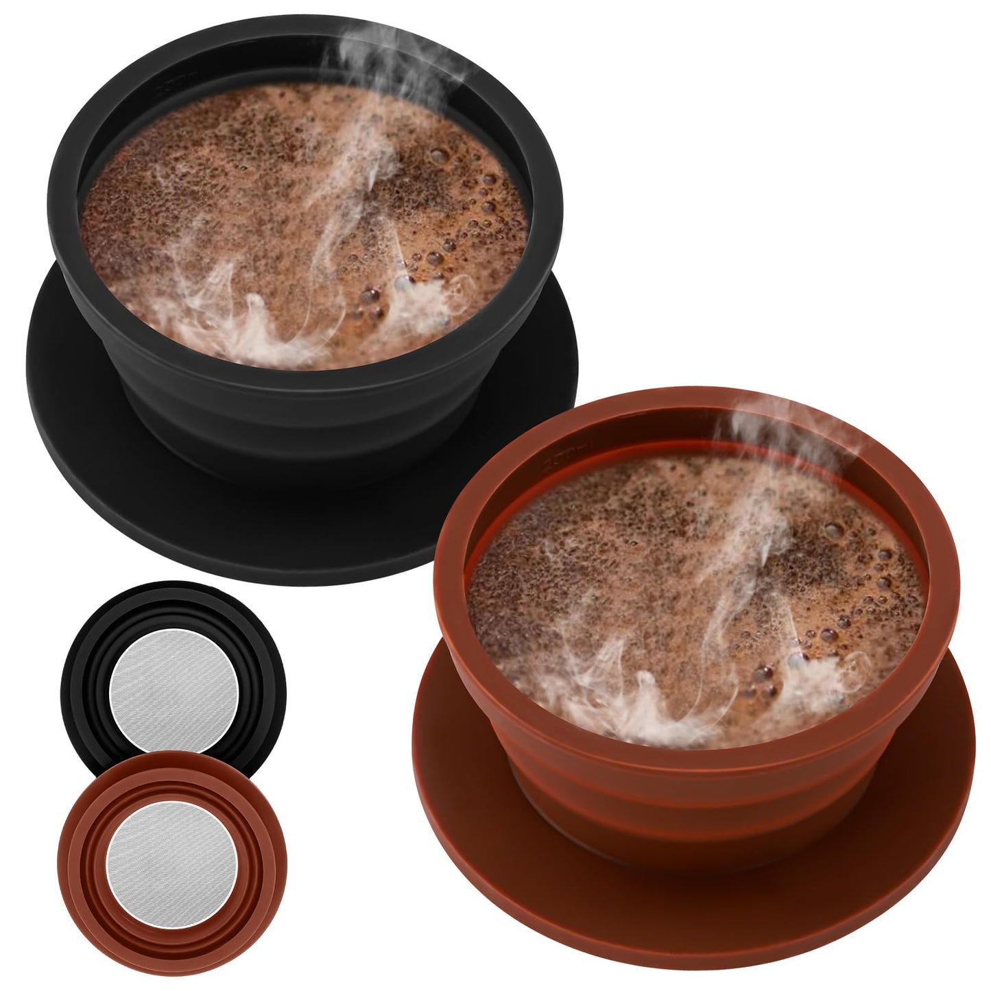 2-Packs Travel Collapsible Paperless Pour Over Coffee Dripper Kit with Stainless Steel Filter, Travel Pour Over Coffee Maker Camping, Silicone Coffee Strainer Pour Over Single Cup (Brown+Black)