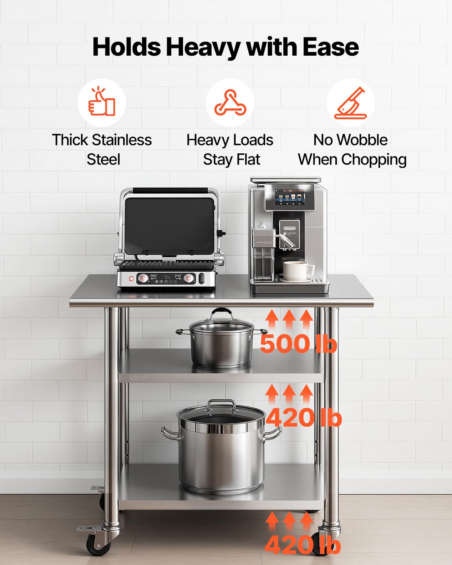 VEVOR Stainless Steel Work Table, 24x36 Inch Food Prep Table with 2 Shelves and Wheels, Commercial Kitchen Workstation, Metal Heavy Duty Utility Worktable, for Restaurant Home Hotel Garage Outdoor