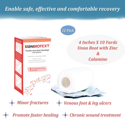 Sion Biotext Flexible Unna Boot Fabric Bandages with Zinc and Calamine, First Aid Kit Emergency Supplies, Ankle Brace Compression Bandage Wrap, Wound Care Supplies, 4 Inches X 30 Feet