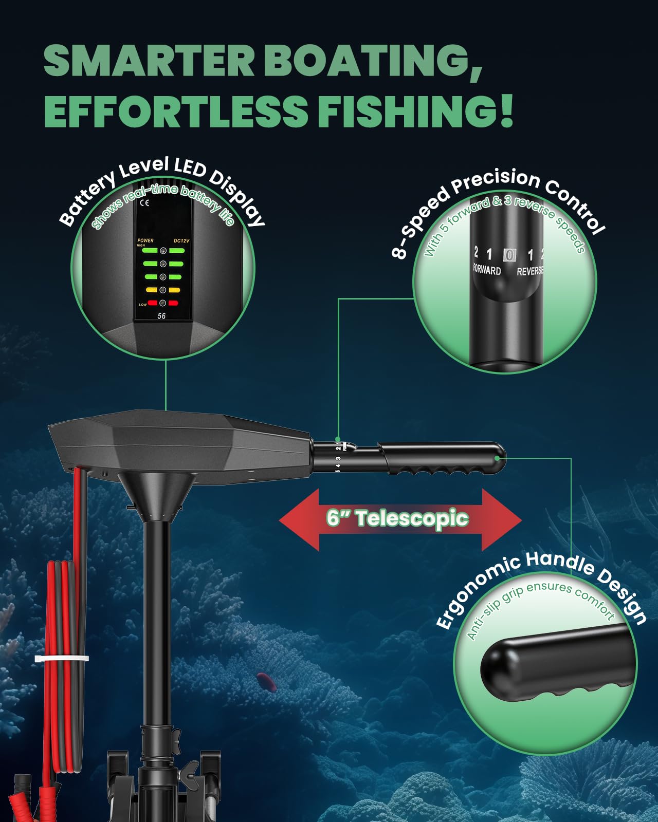 Saltwater Trolling Motor for Kayak Fishing - 56lb Thrust, 12V Brushless Copper Motor with LED Display, 5 Speed Forward, Telescoping Handle, Anti-Tangle Prop, 5X Smart Protection