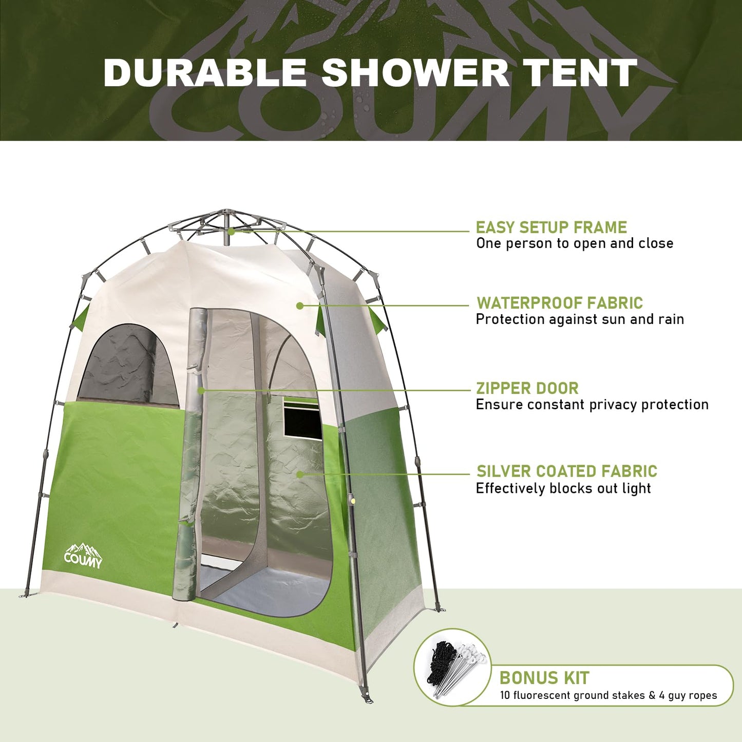 Coumy 2 Rooms Instant Camping Shower Tent Privacy Shelter,Portable Outdoor Shower,Changing Room,Sun Shelter for Camping,Beach Hiking,and Fishing,Green