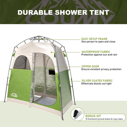 Coumy 2 Rooms Instant Camping Shower Tent Privacy Shelter,Portable Outdoor Shower,Changing Room,Sun Shelter for Camping,Beach Hiking,and Fishing,Green