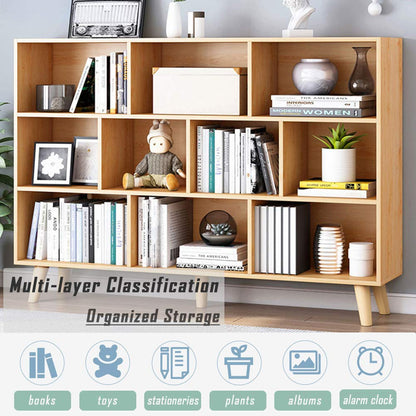 IOTXY Wooden Open Shelf Bookcase - 3-Tier Floor Standing Display Cabinet Rack with Legs, 10 Cubes Bookshelf, Pear Yellow