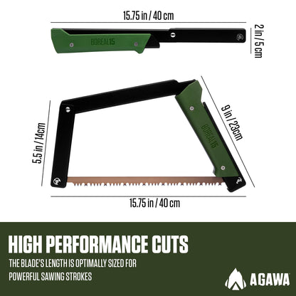 AGAWA - BOREAL15-15 Inch Folding Saw with All-Purpose Saw Blade - Camping Gear For Hiking, Fishing, Hunting, Bushcraft & Survival Kit (Black Frame/Green Handle)