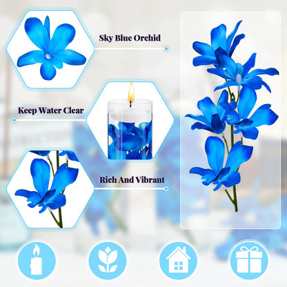 Hanaive 42 Pcs Blue Orchids Artificial Flower Vase Fillers for Floating Candles Wedding Table Centerpiece Blue Orchid and Unscented Floating Candles for Wedding Table Christmas Party Home Decoration