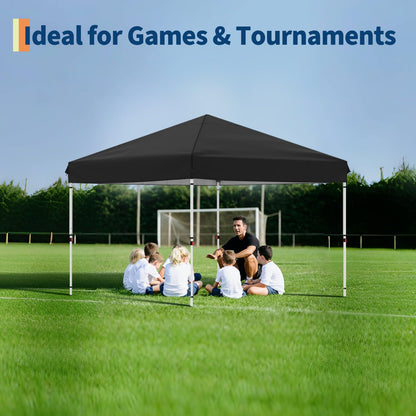 GarveeLife 10x10 Pop Up Canopy with One Sidewalls - Easy Up Camping Tent with One Button Push Setup - 1 Roller Bag, 3 Adjustable Height, 4 Weight Bags for Deck, Garden, Sports, Beach, Party - Black