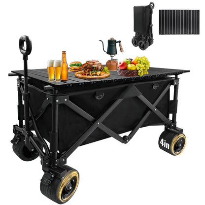 Heavy Duty Collapsible Folding Wagon with Table, 440LBS Capacity Utility Wagon Cart with All-Terrain Wheels, Foldable Beach Camping Wagon for Garden, Sports, Picnics Black