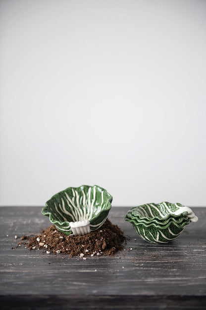 Hand-Painted Cabbage Shaped Stoneware Bowls, Set of 4