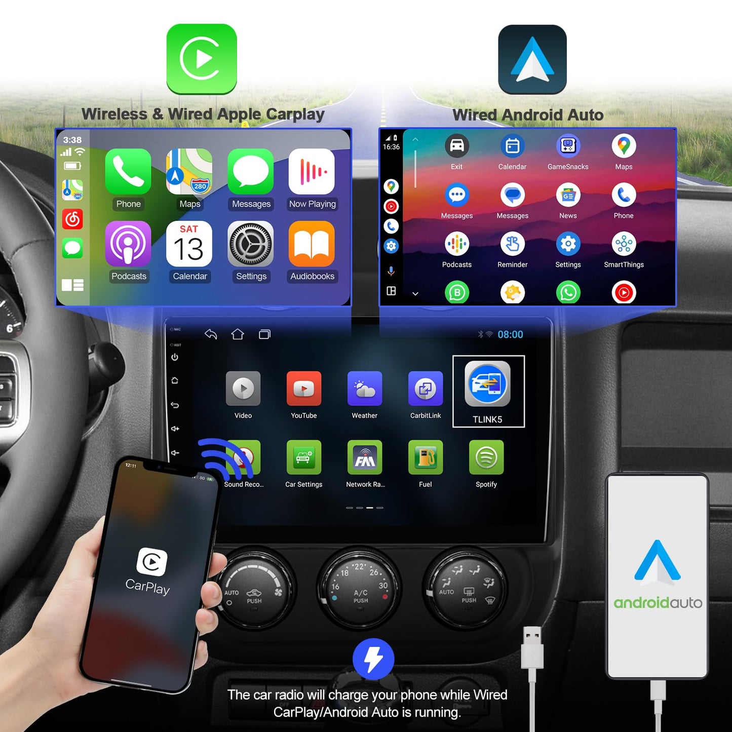 2+32G Android 13 Double Din Car Stereo for Jeep Compass/Patriot 2010-2016 with 10.1 Inch Touchscreen Radio Built-in Wireless Carplay/Android Auto/GPS/Bluetooth/FM/Steering Wheel Controls/Backup Camera