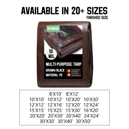 30 x 40 FT Waterproof Heavy Duty Tarp, 10 Mil Thick, Outdoor Furniture Covers, Plastic Insulated Tarpaulin for Camping Tent Roof Boat Patio Pool Cover, Large & Small Multi-Size Tarps, Brown/Black
