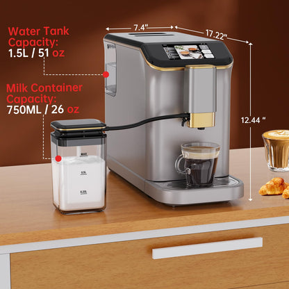 PioneerWorks Full Automatic Espresso Machine with Built-In Grinder & Milk Frother - FTF Touchscreen Coffee Maker for Latte/Cappuccino, 20 Bar Pressur & 1.5L Water Tank, 1350W, Gold