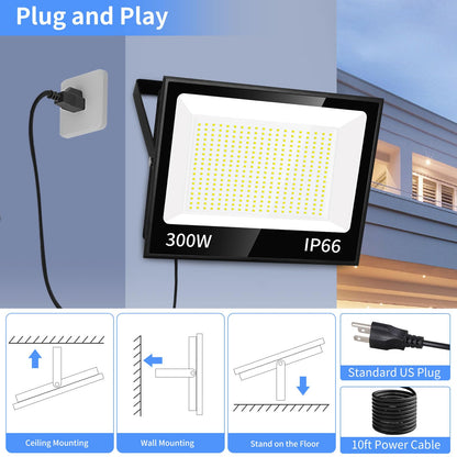 ISUERFY 300W LED Flood Light Outdoor with Plug, 36000LM Ultra Brighter Security Light, IP66 Waterproof Exterior Plug in Floodlight, 5000K Daylight White for Lawn Yard Garden Stadium(2 Pack)