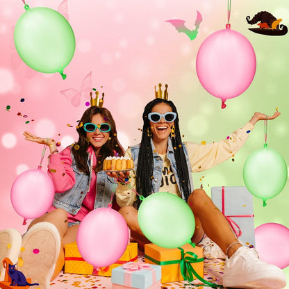 Charnoel 24 Pcs Pink and Green Gift Pink and Green Punch Balloons Bounce with Rubber Band Handle Witch Party Punching Balloons with Colored Rubber Band Handle for Birthday