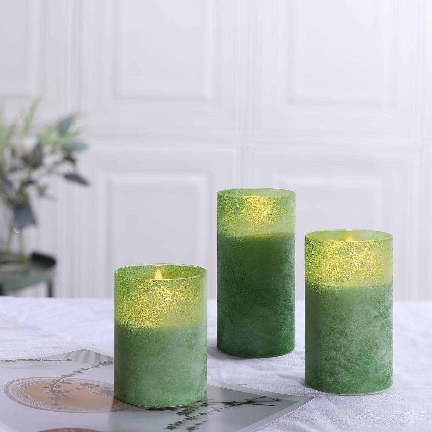 COVEGE Green Battery Operated Candles with Remote and Timer, Real Wax Flickering Flameless Candles, Glass LED Pillar Candles for Party Wedding Halloween Christmas Decoration
