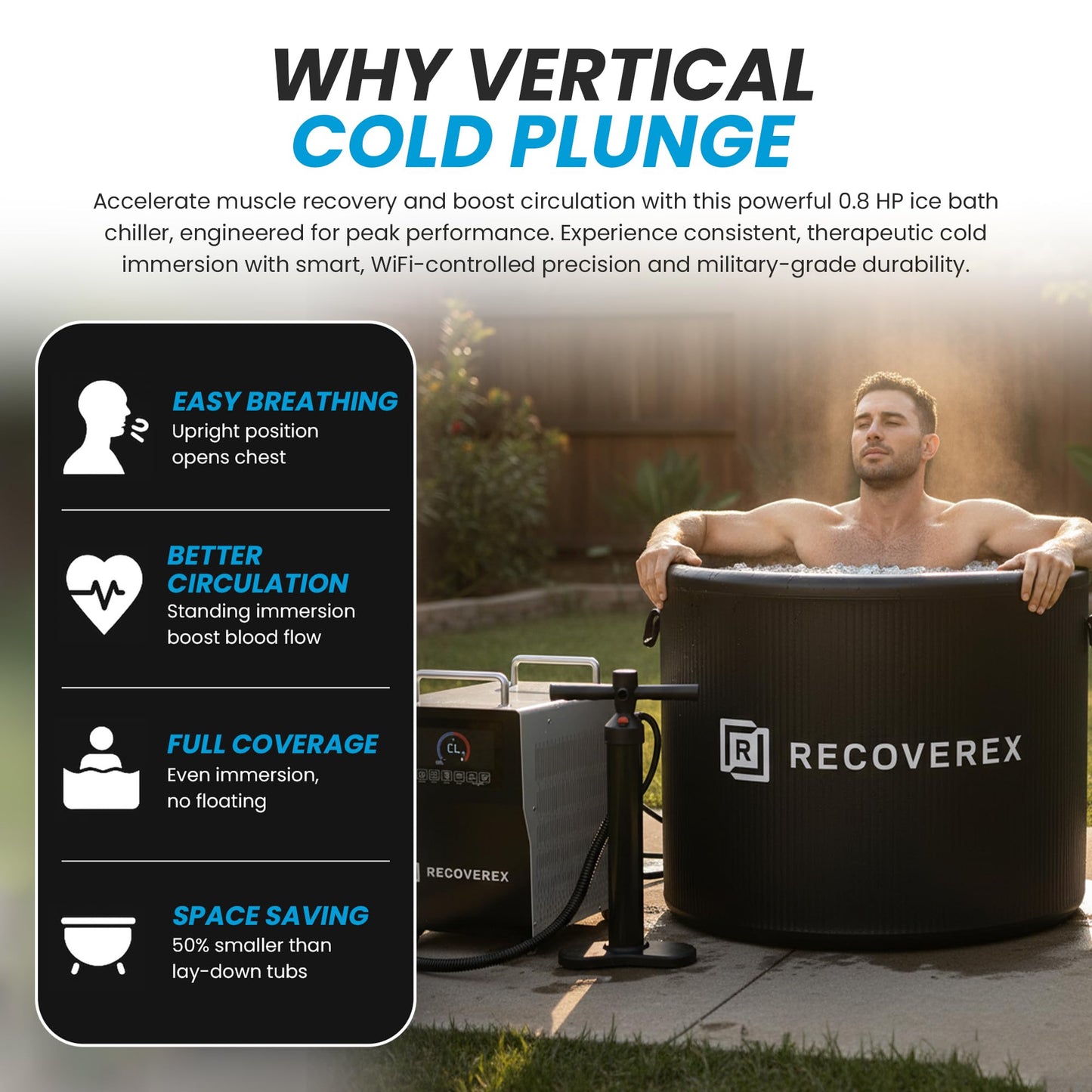 Recoverex Cold Plunge Tub, 88 Gallon, 0.8 Horsepower – Heavy-Duty Ice Bath Tub for Athletes, Portable Cold Plunge Chiller with Water Treatment Kit, Immersion Therapy, WiFi Control, Backpack & Wheels