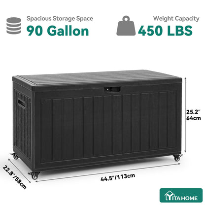 YITAHOME 90 Gallon Outdoor Storage Box with 6 Wheels, Large Double-Wall Resin Deck Box, Lockable Waterproof Outside Storage for Patio Furniture, Cushion, Pool Float, Garden Tool, Black
