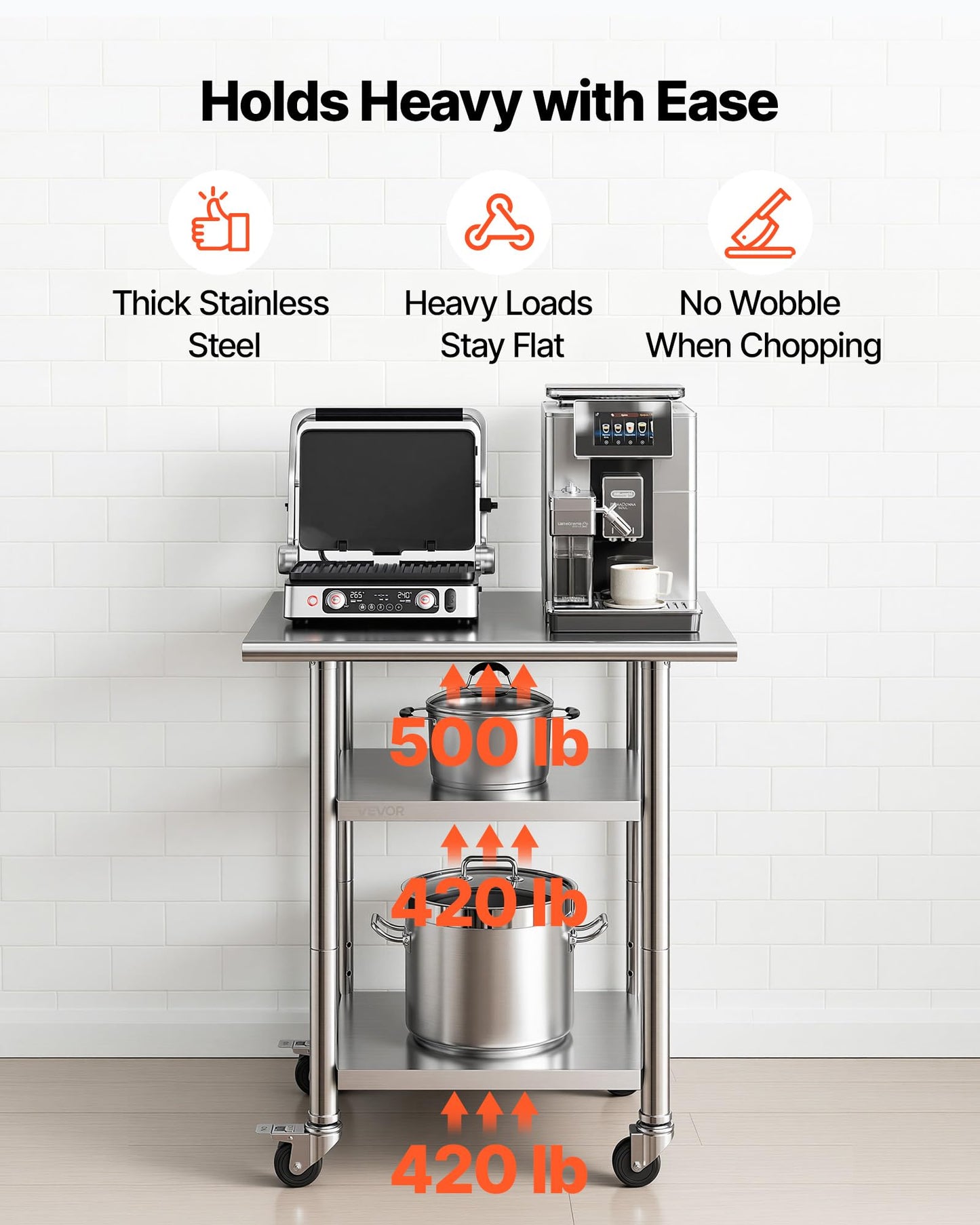 VEVOR Stainless Steel Work Table, 24x30 Inch Food Prep Table with 2 Shelves and Wheels, Commercial Kitchen Workstation, Metal Heavy Duty Utility Worktable, for Restaurant Home Hotel Garage Outdoor