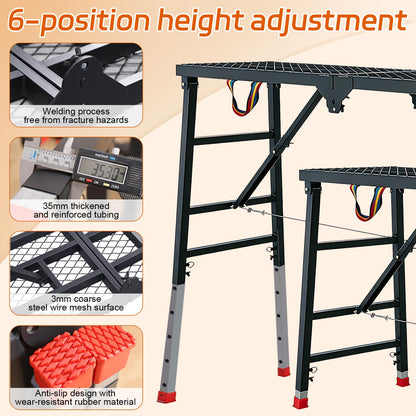 Foldable Scaffolding Platform, Height Adjustment 70.9x15.7x35.4-57 in Portable Welded Steel Work Platform, 770 lbs Capacity, Industrial Step Ladders Ideal for Home Improvement, Wiring and Painting