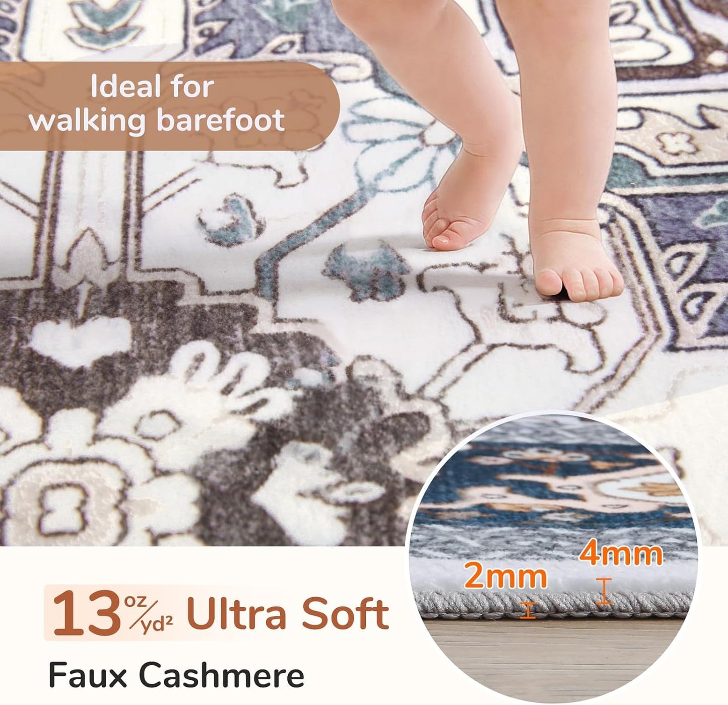 OPPODREAM Soft Area Rug - 5x7 Washable Faux Cashmere Carpet with Non-Slip Backing | Navy Blue & Gold