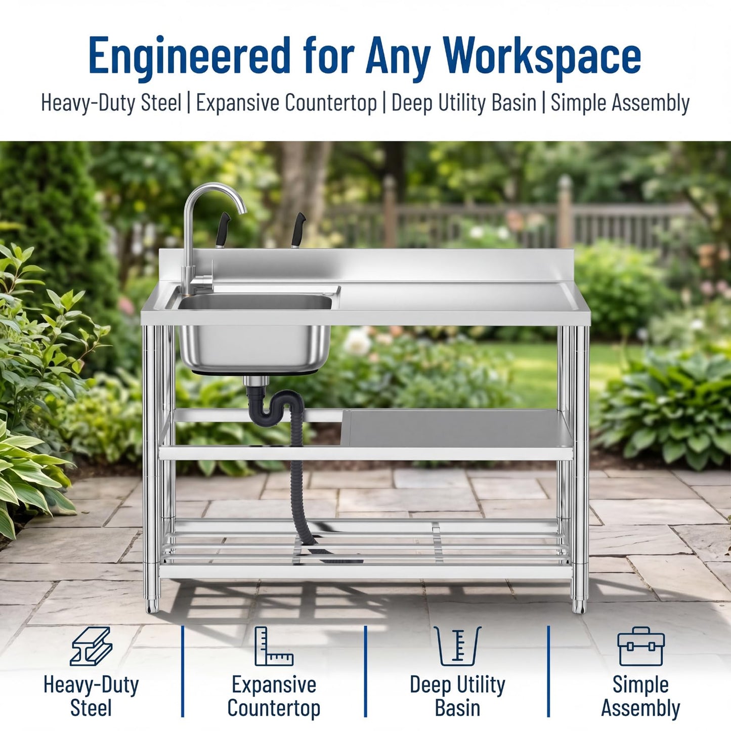 Free Standing Stainless-Steel Single Bowl Commercial Restaurant Kitchen Sink Set w/Faucet & Drainboard, Prep & Utility Washing Hand Basin w/Workbench & Double Storage Shelves Indoor Outdoor (47in)