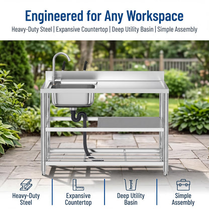 Free Standing Stainless-Steel Single Bowl Commercial Restaurant Kitchen Sink Set w/Faucet & Drainboard, Prep & Utility Washing Hand Basin w/Workbench & Double Storage Shelves Indoor Outdoor (47in)