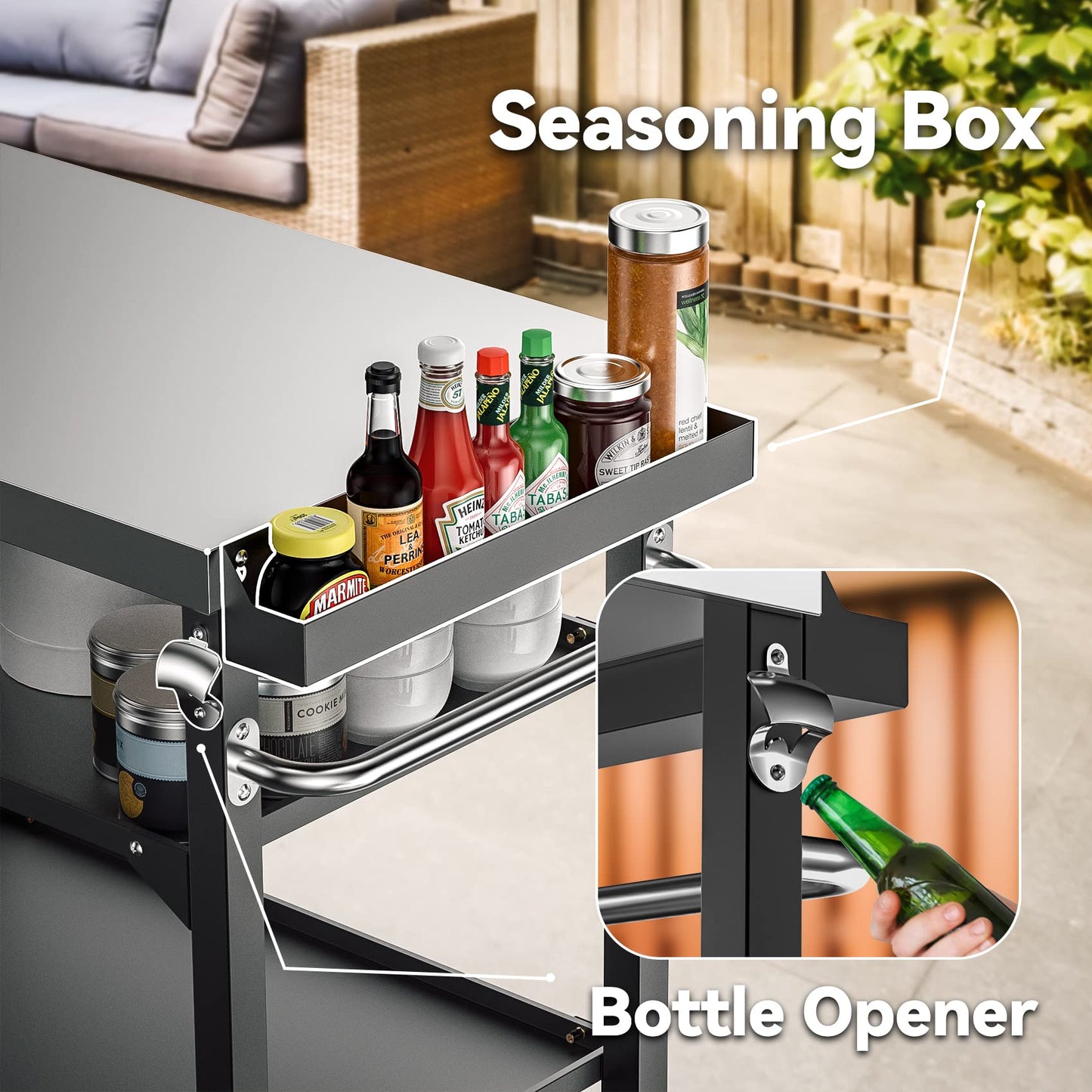 Skyflame Heavy Duty Pizza Oven Table & BBQ Prep Cart, Stainless Steel Rolling Grill Cart with Lockable Wheels, 3 Shelf Outdoor Workstation for Griddle/Patio – 170 lbs, No Wobble