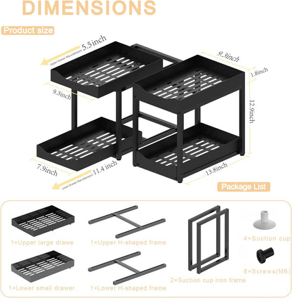 Skiennix 2-Tier Bathroom Organizer - Metal Under Sink Storage with Pull-Out Drawers | Black, 2 Pack
