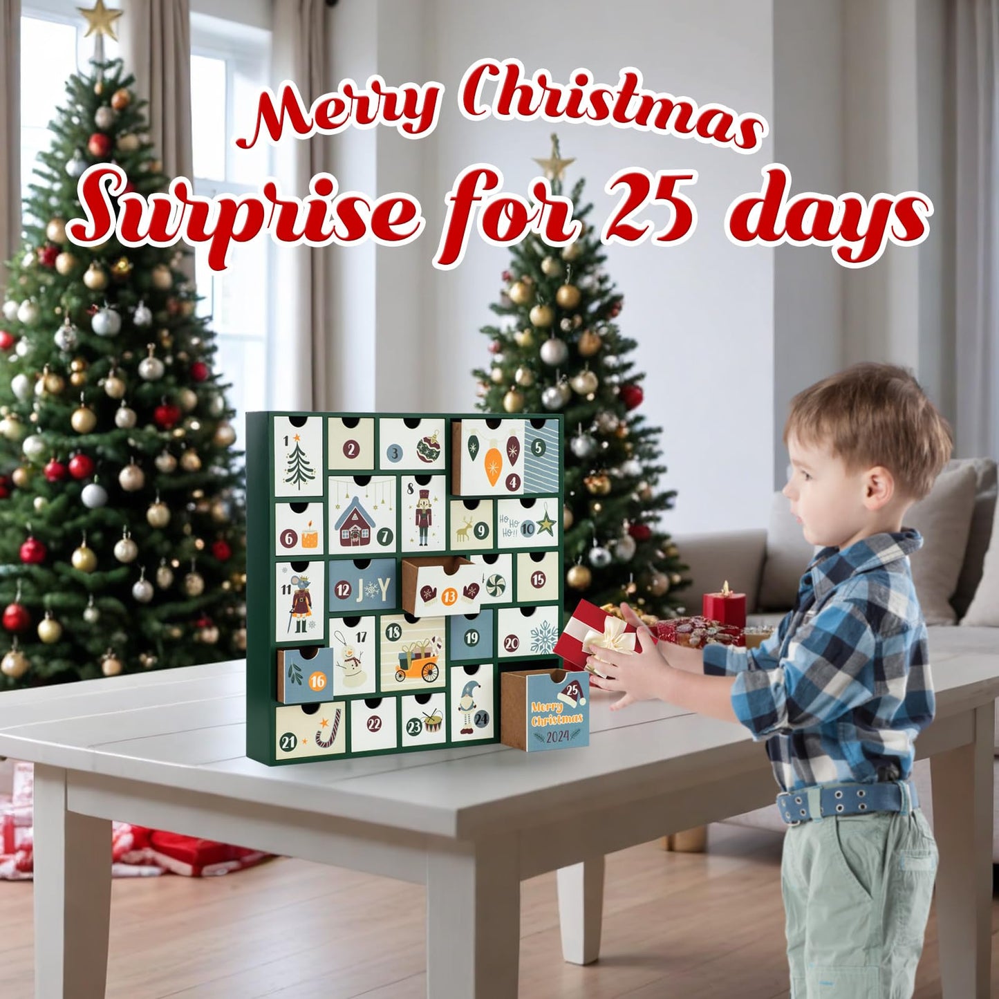 GUOER 2025 Wooden Advent Calendar, 13 Inch Christmas Advent Calendar with 25 Large Drawers, Christmas Countdown Calendar, Premium Wood Hand Painted Refillable Advent Cute Holiday Decoration (Green)