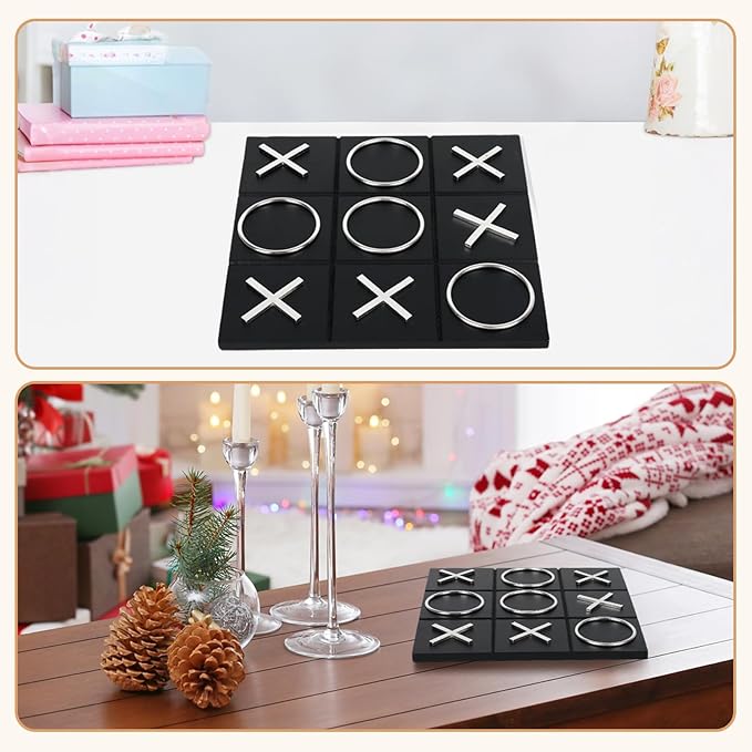 Tic Tac Toe Decor 10 x 10 Inch Wooden Black Wood Board with Gold/Silver X and O Pieces Modern Minimalist Coffee Table Decor for Living Room Office and Bookshelf Display (Silver)