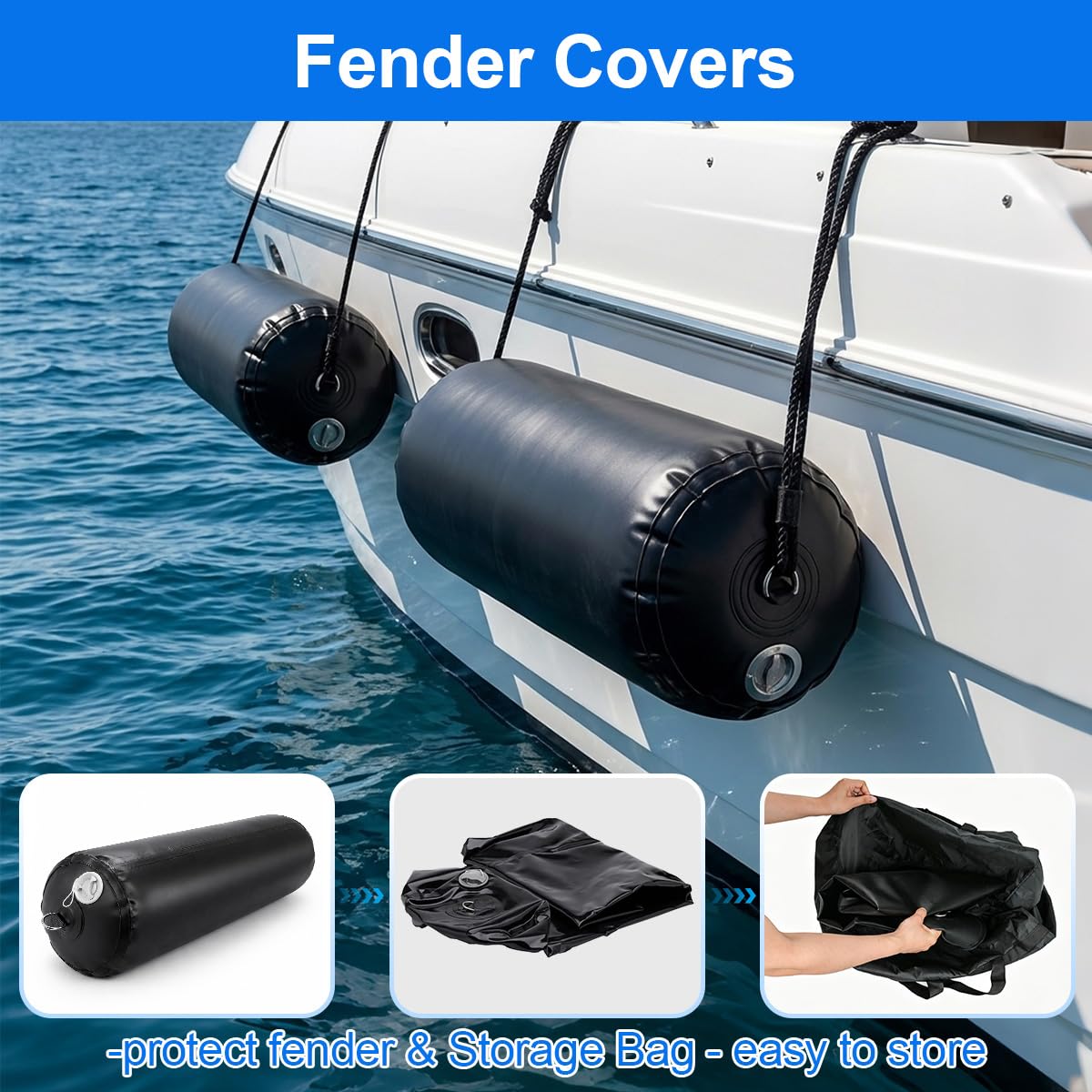 FUCNEN Inflatable Boat Fenders for Docking,24" x 5' Heavy Duty PVC Boat Bumpers with Electric Pump, Fender Covers, Ropes & Storage Bag, Dock Fenders for Pontoon, Fishing Boat, Yacht (1 Pack)