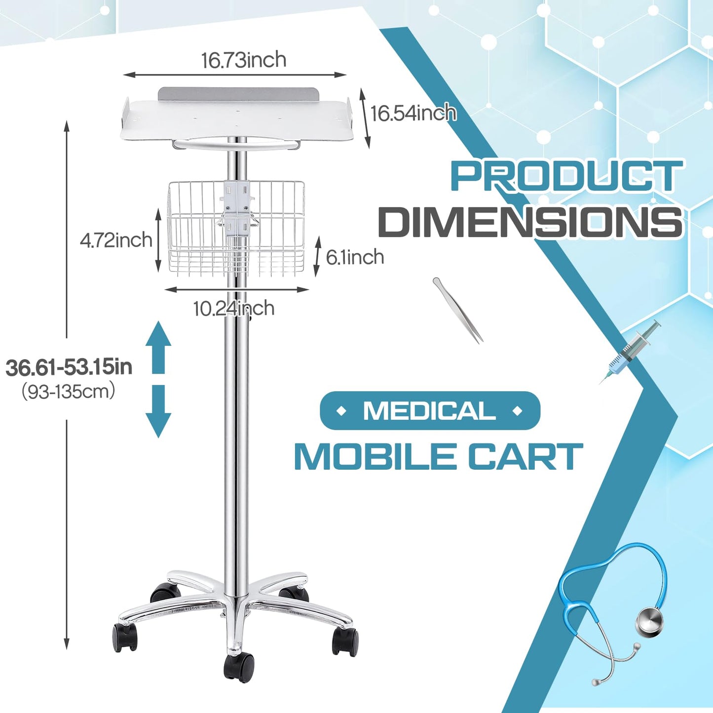 DaisyInner Adjustable Mobile Medical Cart with Wheels, Load up to 33 Lbs, Laptop Rolling Cart with Storage Basket 16.5" x 16.7" Large Tabletop Medical Trolley Workstation for Hospital, Lab Use(Frame)