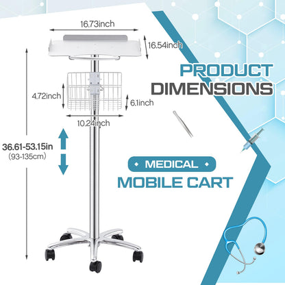 DaisyInner Adjustable Mobile Medical Cart with Wheels, Load up to 33 Lbs, Laptop Rolling Cart with Storage Basket 16.5" x 16.7" Large Tabletop Medical Trolley Workstation for Hospital, Lab Use(Frame)