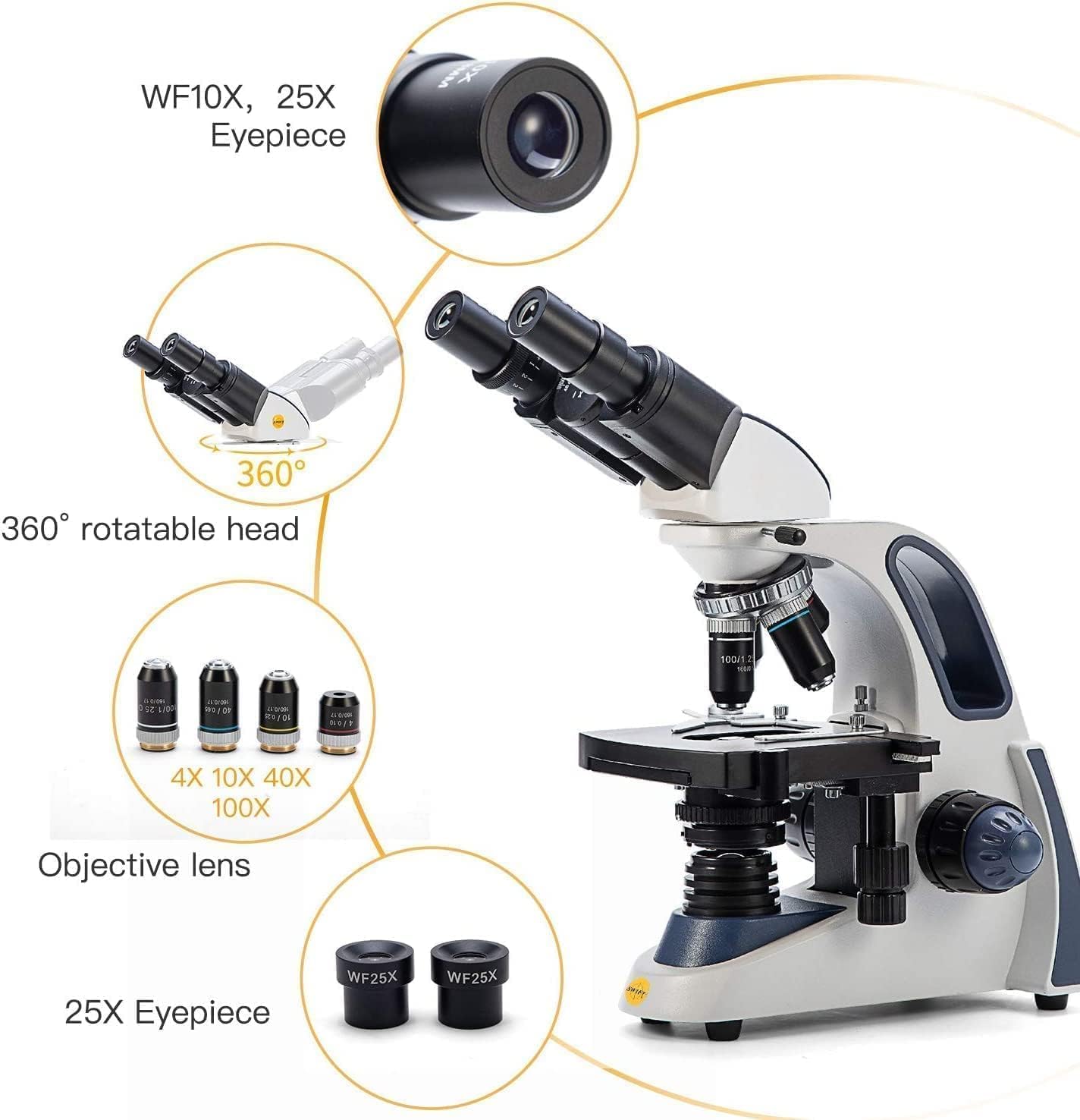 SWIFT SW380B Binocular Compound Microscope,40X-2500X with 2.0MP Camera,100pcs Microscope Slides,Microscope Kit for Students School Lab