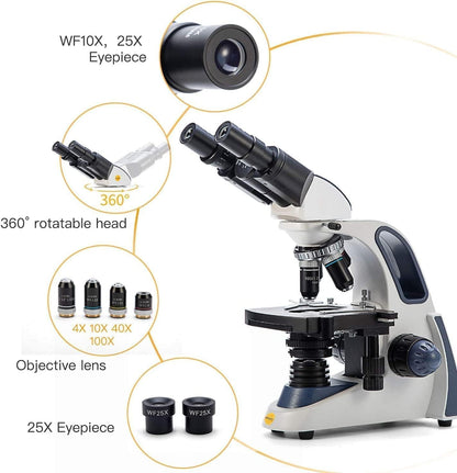 SWIFT SW380B Binocular Compound Microscope,40X-2500X with 2.0MP Camera,100pcs Microscope Slides,Microscope Kit for Students School Lab