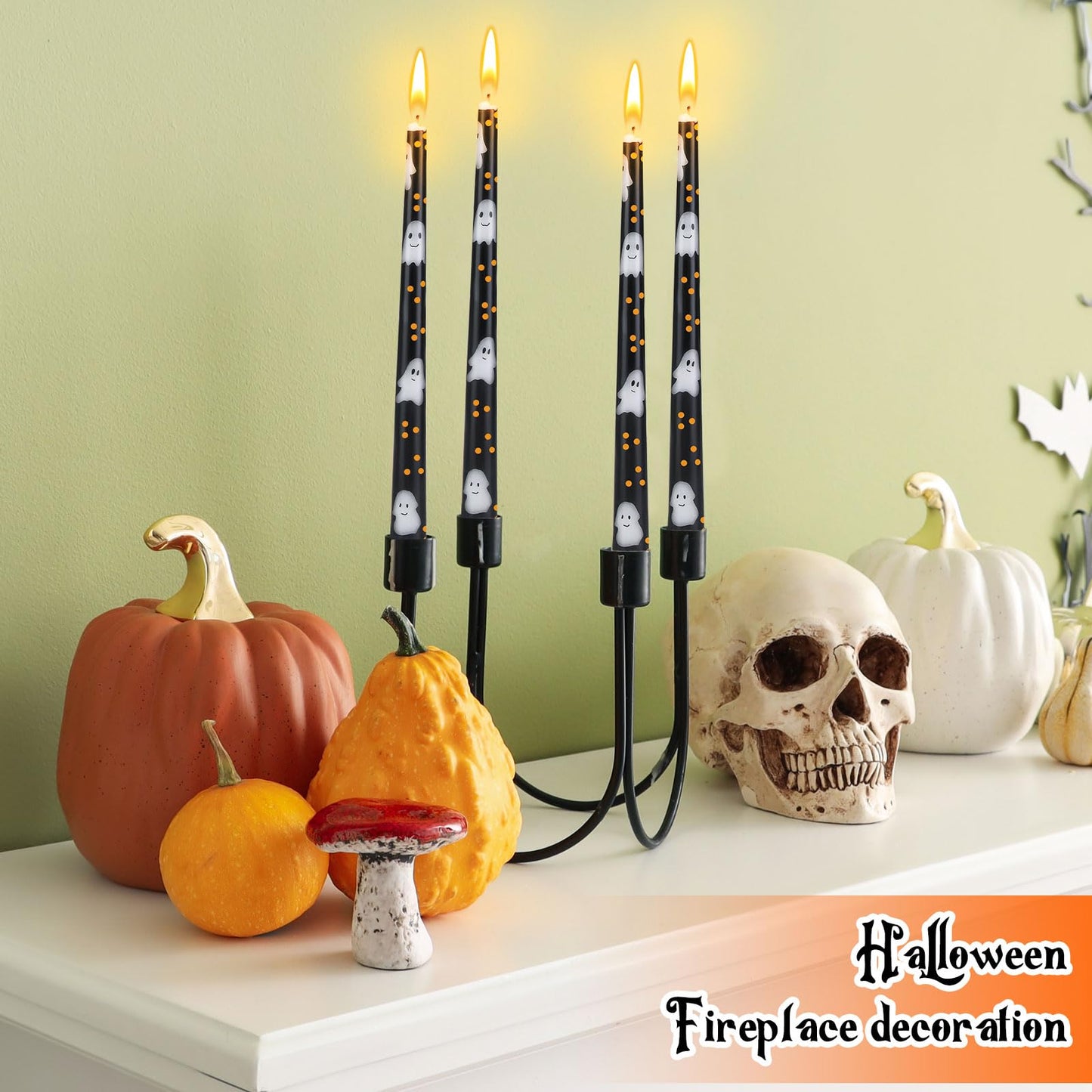 Threlaco 6 Pcs Taper Candles 9.8" Unscented Taper Candles Prints Dinner Table Home Decorations for Thanksgiving Autumn Harvest Festive Halloween Party Gift(Black Halloween Ghost)