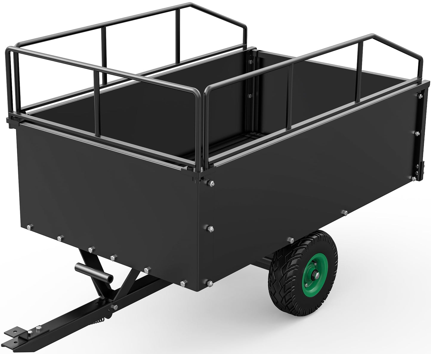 YITAMOTOR ATV Dump Trailer, Heavy Duty Tow Behind Dump Cart, Capacity 750lbs, 15 Cu.Ft., Yard Garden Utility Trailer for Pull Behind Lawn Mower Tractor, Alloy Steel Shelf & Extra 5" Height Guardrail